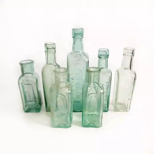 7 Antique Victorian Style Glass Aqua Green Old Apothecary Medicine Bottles Set 3