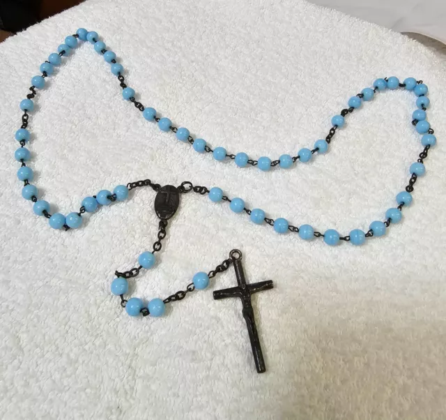 Cross Crucifix Religious medugorje rosary blue glass/porcelain beads 22.5in