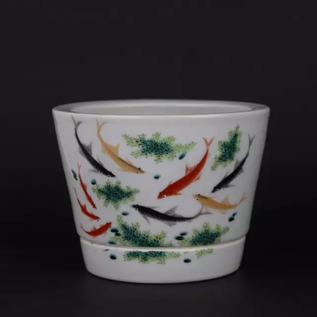 Chinese Famille Rose Porcelain Pot Fish Koi Pattern Flowerpot 5.31" 1969S