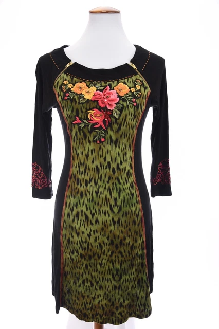 Krista Lee Embroidered Shift Dress Beaded Floral Leopard Print Black Sz XS NWT