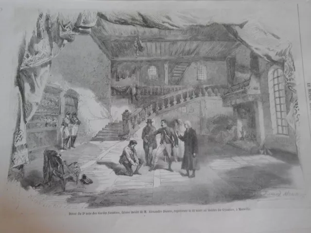 Gravure 1858 - Théatre Décor du 5èm acte des Gardes Forestiers de M. Dumas