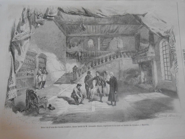 Gravure 1858 - Théatre Décor du 5èm acte des Gardes Forestiers de M. Dumas
