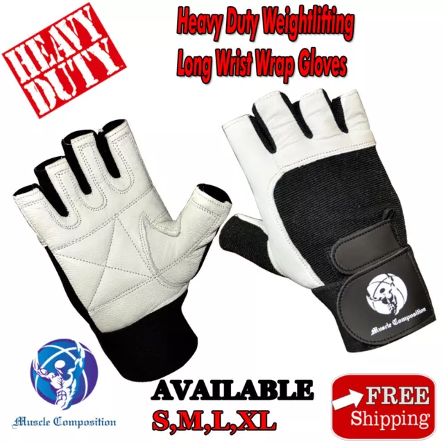 Gym Gloves With Wrist Wraps Leather Black/White For Gym Workout, Weightlifting.