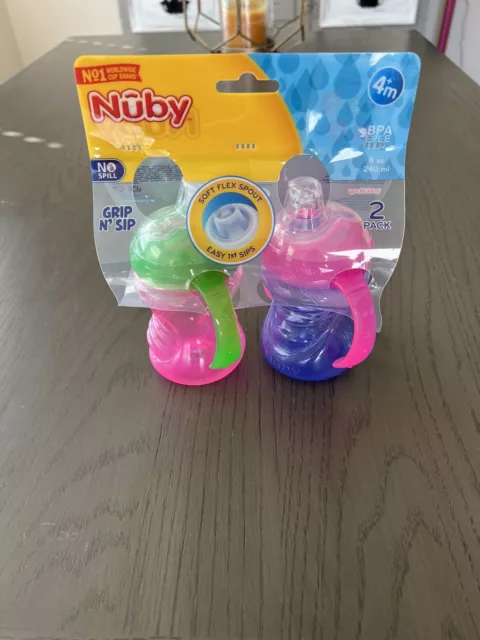 Nuby 2-Pack No-Spill Super Spout Grip N' Sip Cup, Pink And Purple