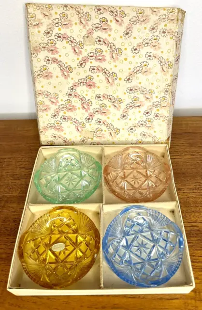 Vintage box set of 4 Bohemia Coloured Glass Trinket Dishes. 8cm. Czechoslavakia
