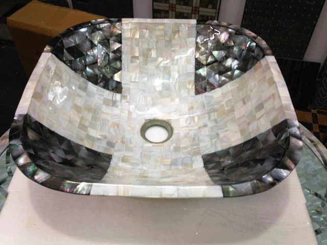 15 Inches White Marble Wash Basin Mother Of Pearl Overlay Work Powder Room Sink