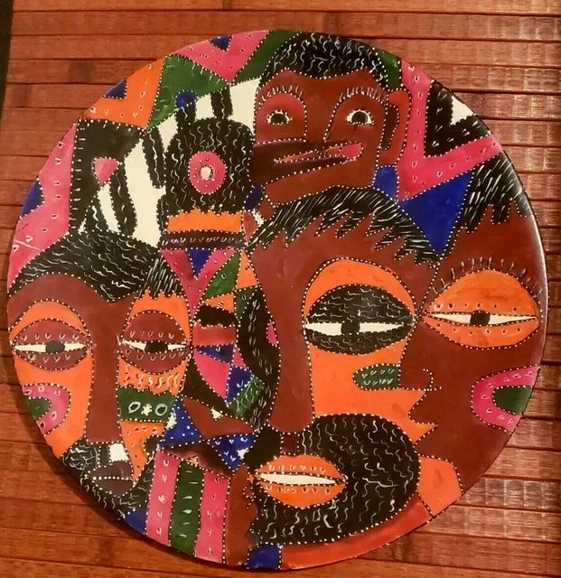 Village Scene Decorative Soapstone 12" Plate Hand Carved Hand Painted Kenya