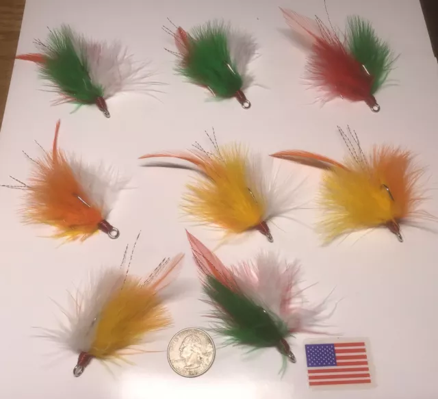 8 Dressed Nickel Eagle Claw Treble Hooks Size 1/0 ,marabou And Rooster Feathers