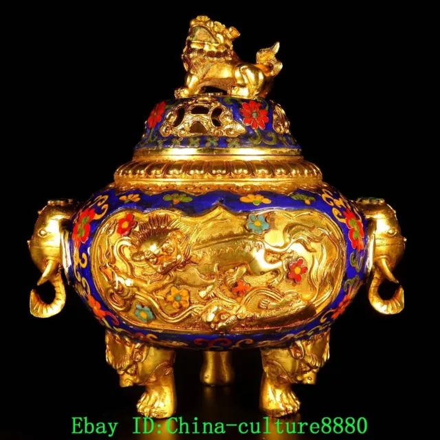 Cloisonnement émail cuivre or Dragon éléphant de lion encensoir censer