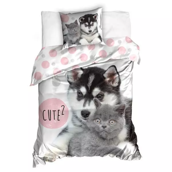 Housse de couette Cute Pet, Gris/Blanc, 140x200cm, 1 personne, 100% Coton, Taie