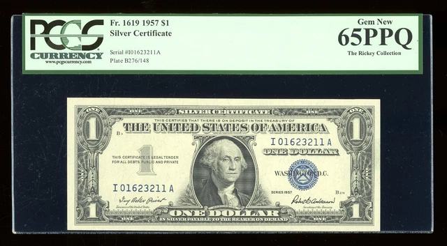 DBR 1957 Silver Fr. 1619 IA Block Gem PCGS 65 PPQ Serial I01623211A