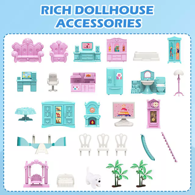 Blue Portable Dolls House Large 3-Story Princess Castle DIY Toys for Kids 3