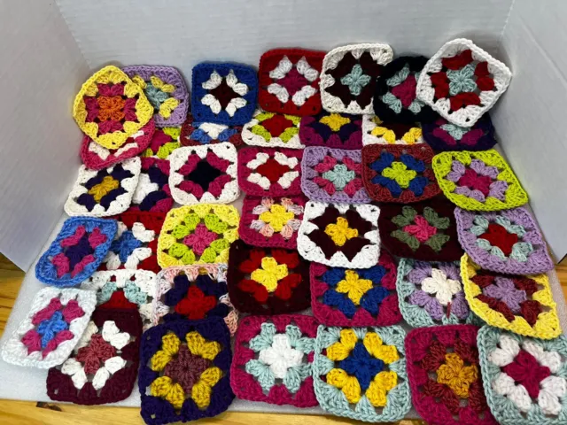 Crochet Granny Squares Blocks 3.5” - 40 Multi Color Lot- Afghans Bags Hat Throw