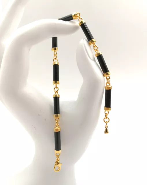 Real Black Agate Onyx Pillar Column 18KGP Link Clasp Adjustable Bangle Bracelet