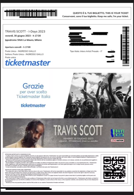 Biglietto concerto Travis scott ingresso giallo Ippodromo snai milano 30/06/2023