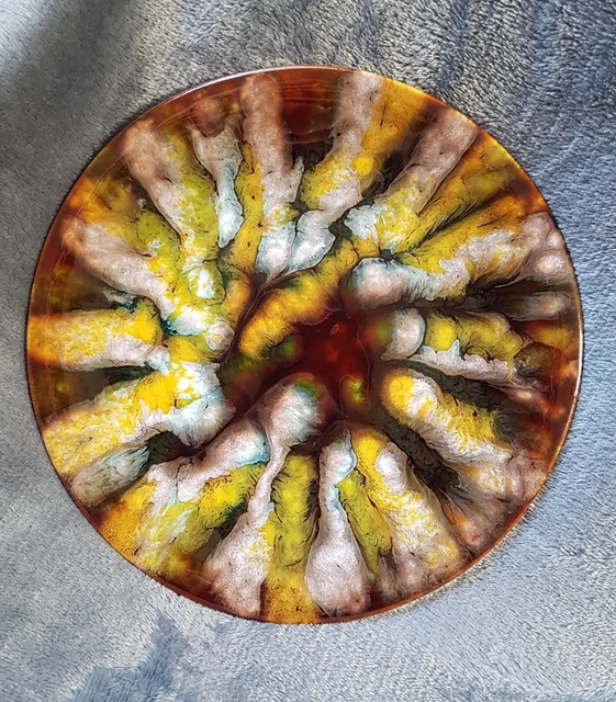 Unusual Studio Art Pottery Plate Yellow/Brown Drip Glaze Abstract Glossy W19cm