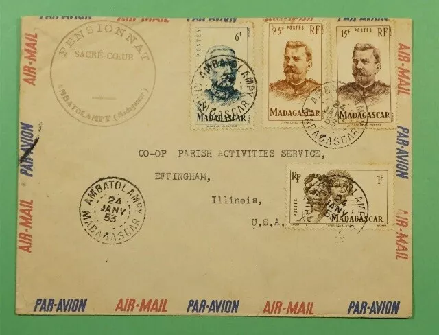 MADAGASCAR  🇲🇬  AIRMAIL COVER Ambatolampy to Effingham Ill USA 14.01.1953 Top