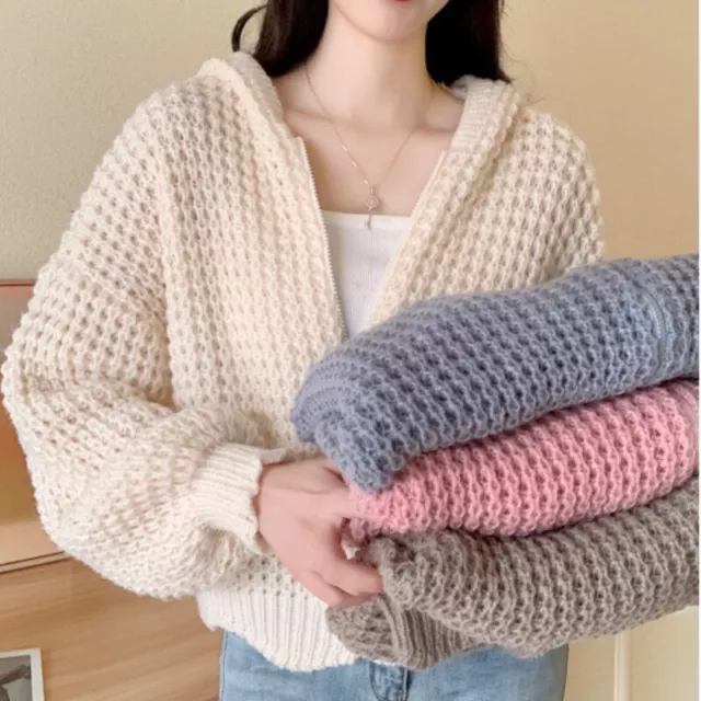 Women Thick Knitted Cardigan Hooded Sweater Coat Zip Short Top Loose Casual