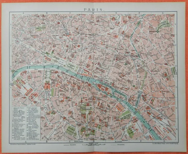PARIS Montparnasse Elysees Louvre  old Map historischer Stadtplan von 1894