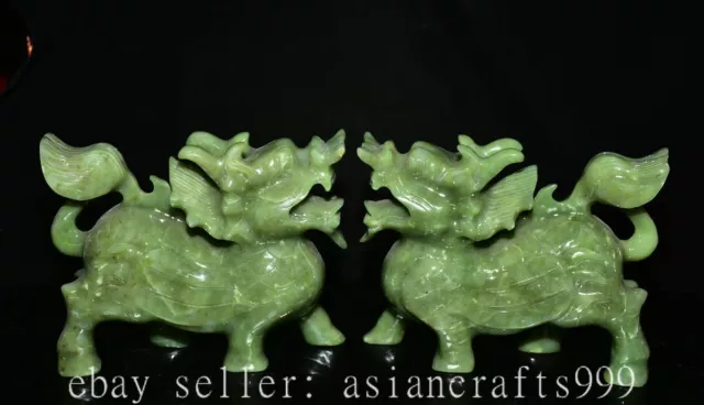 8" Chinesische natürliche Xiu Jade geschnitzt Fengshui Qilin Drachen Bestie Stat