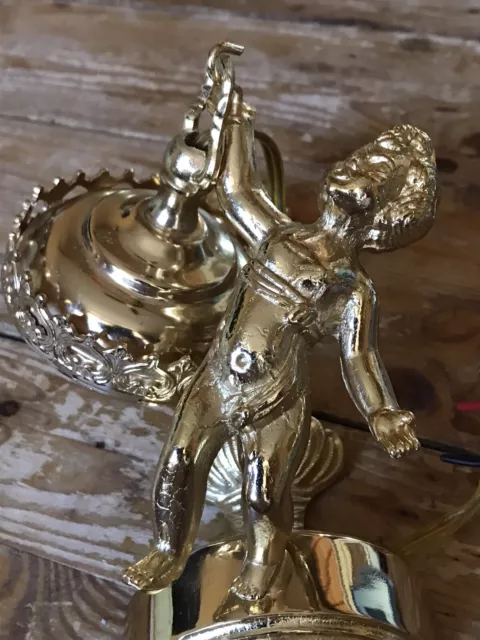 Vintage Gilt Flying Putti Cherub holding Lantern  Wall Light Lamp Sconce