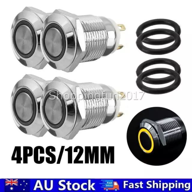 4x 12V 12mm Car Boat Push Button Metal Momentary Switch LED Light Waterproof OZ
