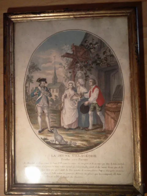 ancienne gravure peinte la jeune villageoise rendue a ses parents XVIII ème