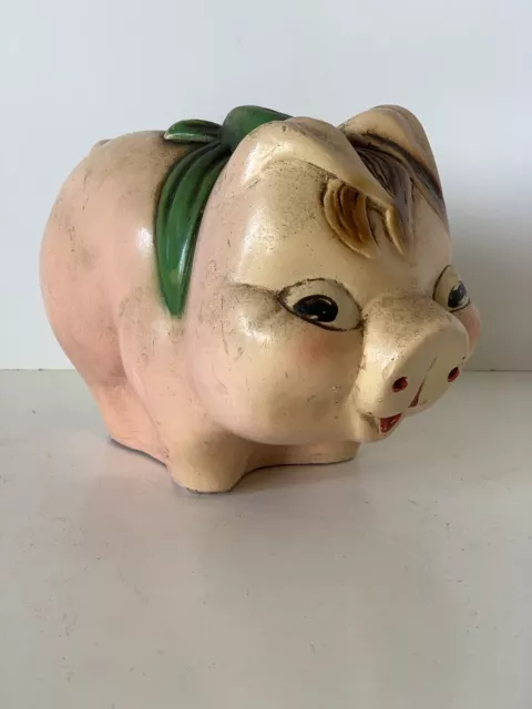 Vintage Pink Pig with Green Bow Ceramic/Plaster Piggy Bank