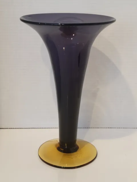 Vintage Blenko Purple Amethyst & Topaz Trumpet Glass Vase 11.5" Tall