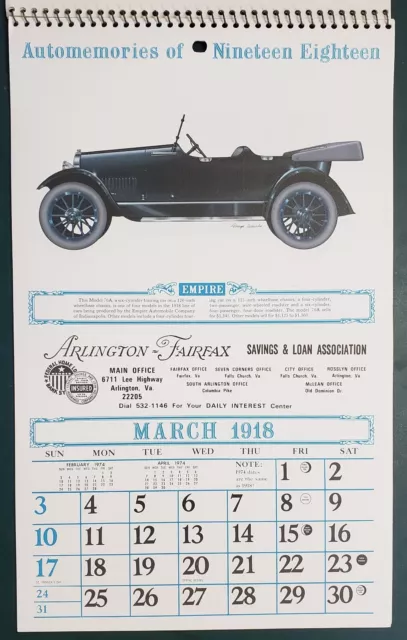 Vintage 1918 1974 Antique Car Wall Calendar Arlington, Fairfax Virginia Auto NOS 3
