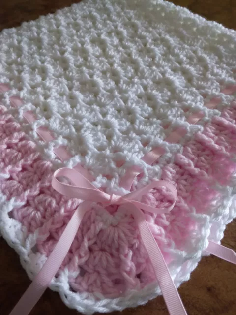 Handmade NEW crochet baby blanket White w/Pink trim & ribbon Afghan Shells Sq.