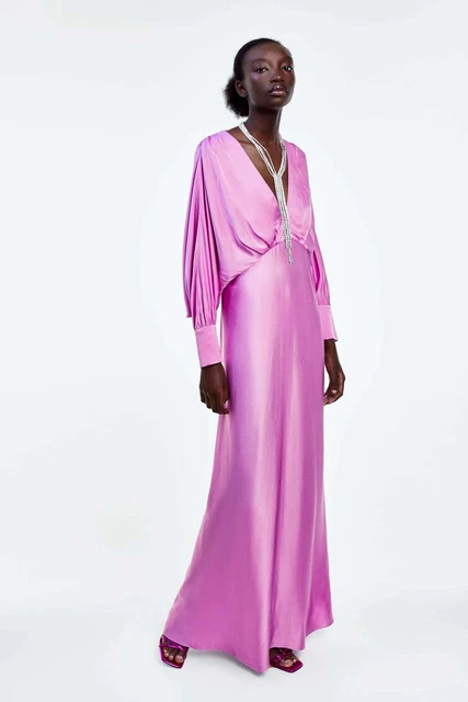 zara satin midi dress pink SATIN EFFECT MIDI DRESS WITH TIE STRAPS - Pink