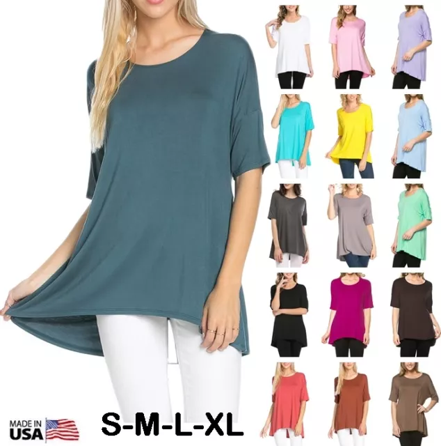 Women Basic Tunic Top Scoop Neck Short Sleeve Casual Hi Lo T-Shirt S M L XL USA