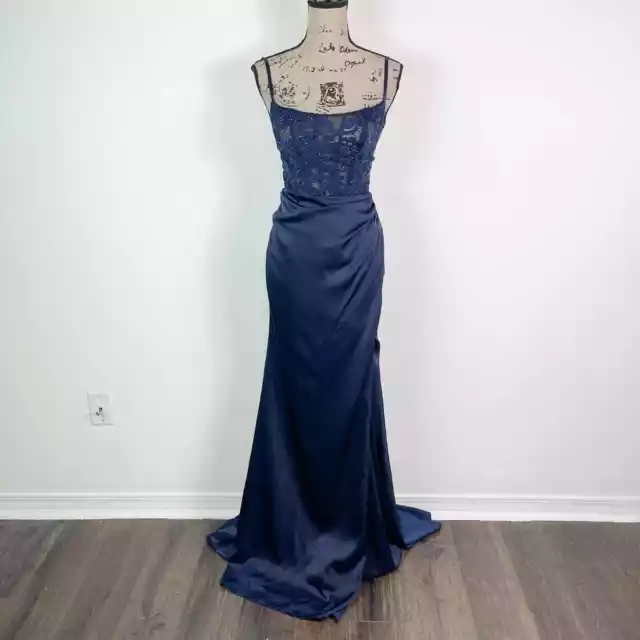 La Femme NWOT Satin with Sheer Lace Bodice and Slit Dress Blue Size 0