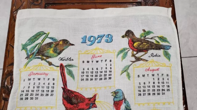 Vintage Kitchen Tea Towel Linen Calendar Wall Hanging 1973 Birds