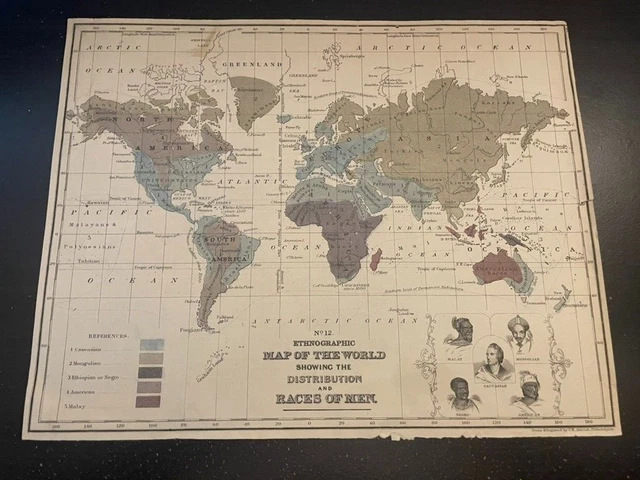 MAP OF THE World - 19th Century - Distribution of the Races of Man - 9 ...