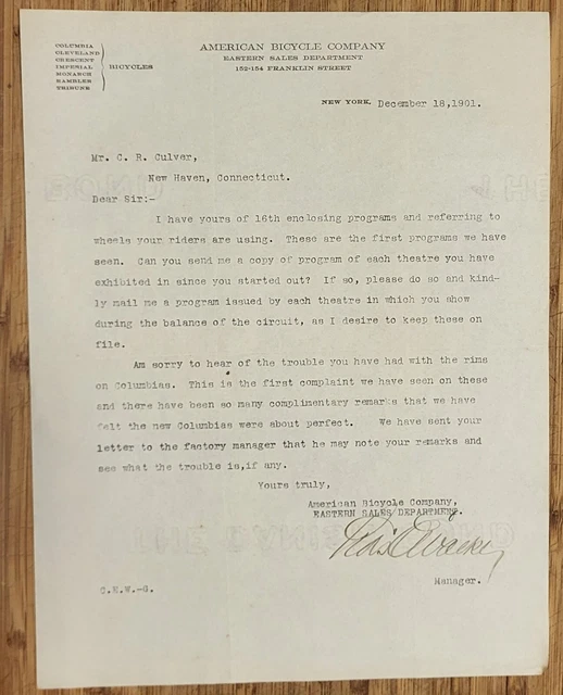 1901 Letterhead New York City American Bicycle Company 3