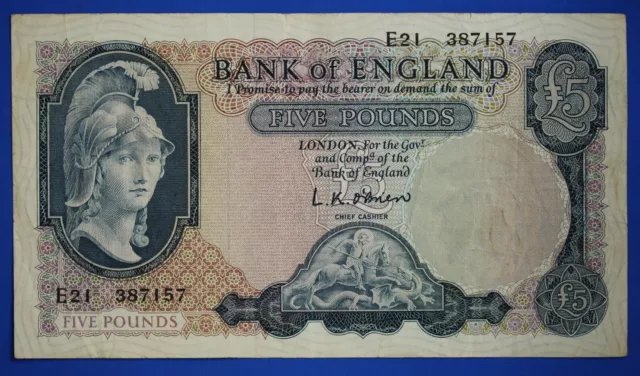 1957 Bank of England, BOE Five pounds, O'Brien, Prefix "E21" £5 banknote [23504]