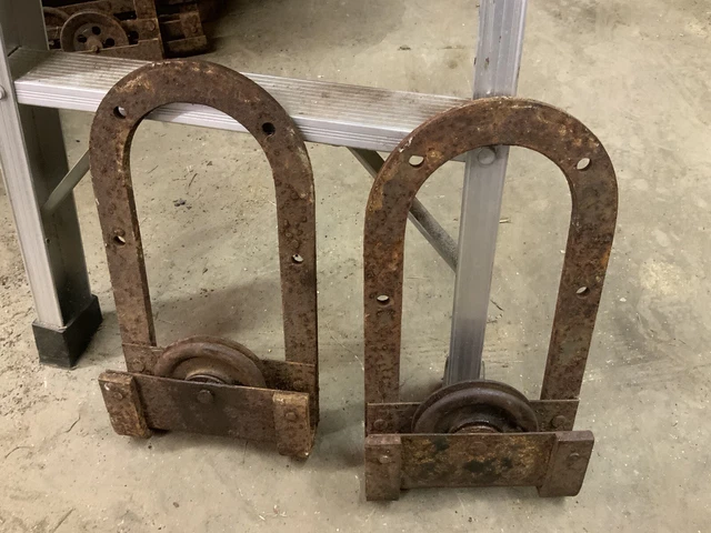 2 Barn Shed Door Horseshoe Hangers Rollers Wheels Vintage Rustic Patina