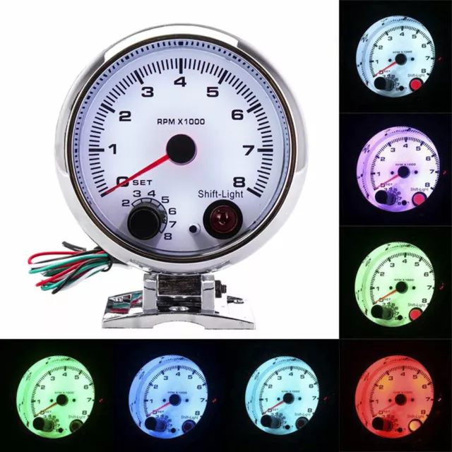 3.75'' Chrome Car Tachometer Gauge Tachometer 7 Color LED Shift Light 0-8000 RPM