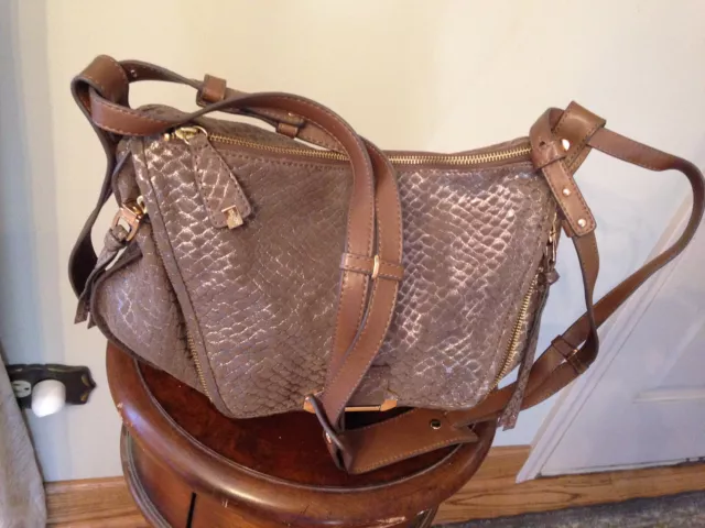 Kooba  Leroy Taupe/Brown   Metallic  Embossed  Leather  Crossbody  Bag