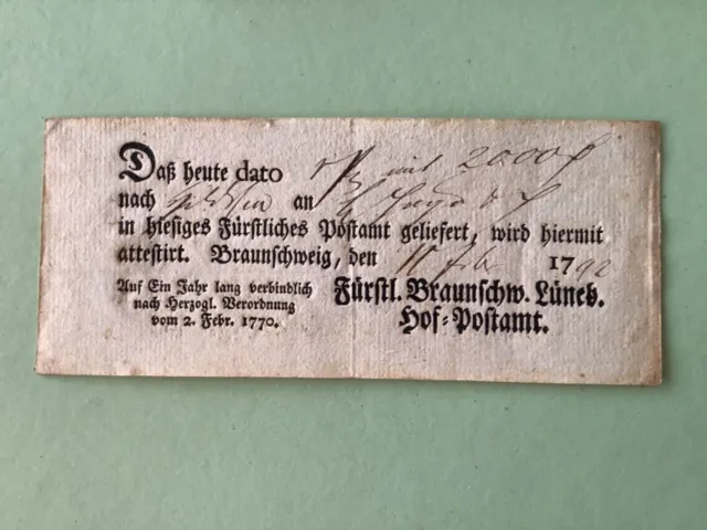 Germany Braunschweig 1792 postal note Ref A1593