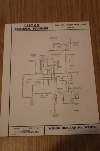 Ariel Four Cylinder Motor Cycles 1956-58 Original Lucas Wiring Diagram