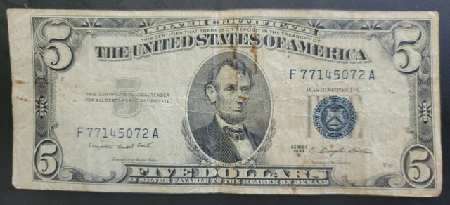 Five Dollar Silver Certificate Blue Seal 1953-B Circulated Miscut Misaligned