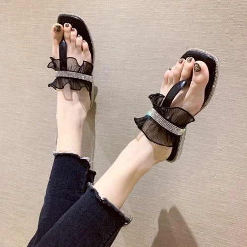 Womans Lace Sequins T Strap Flip Flops Flat Sandal Shoes Summer Sweet Girly