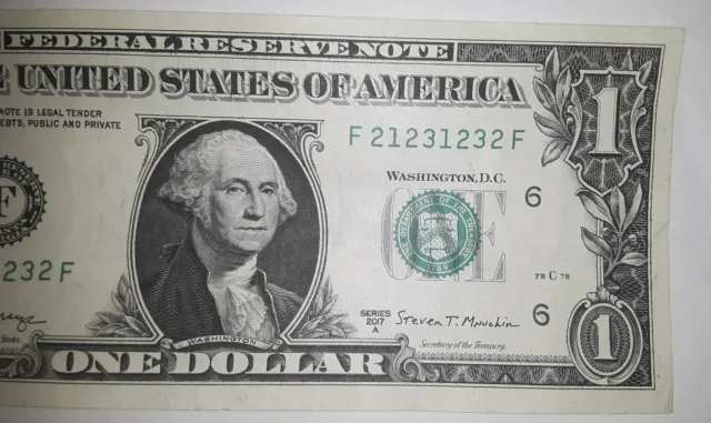 $1 Dollar Bill TRINARY (XF~AU) F 21231232 F 2017A Fancy Serial Number