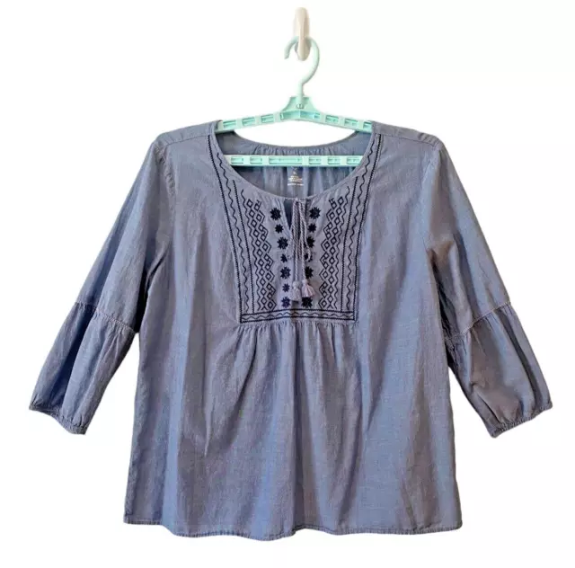 St Johns Bay Womens Size XL Blue Chambray Boho Peasant Blouse Embroidered Tassle