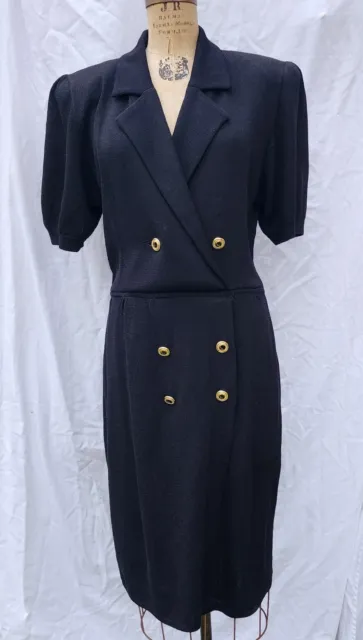 Vintage St. John For Saks Santana Wool Knit Suit Dress Black Short Sleeve 14
