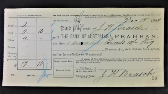 Vintage Australian Bank Cheque 1908 - The Bank Of Australasia, Prahan 15-12-1908