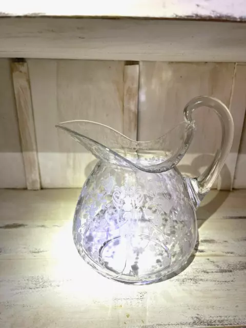 Vtg. Cambridge ROSE POINT CRYSTAL DOULTON HOT APPLIED HANDLE PITCHER #3400 9"